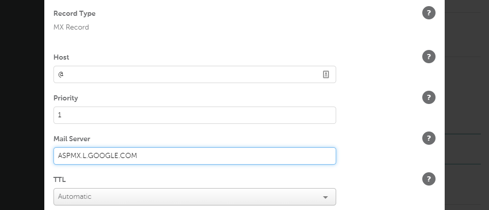 Adding G Suite's MX record settings.