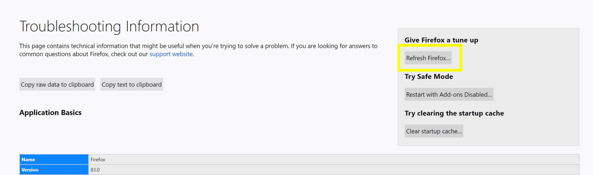 The Troubleshooting Information settings page in Firefox.