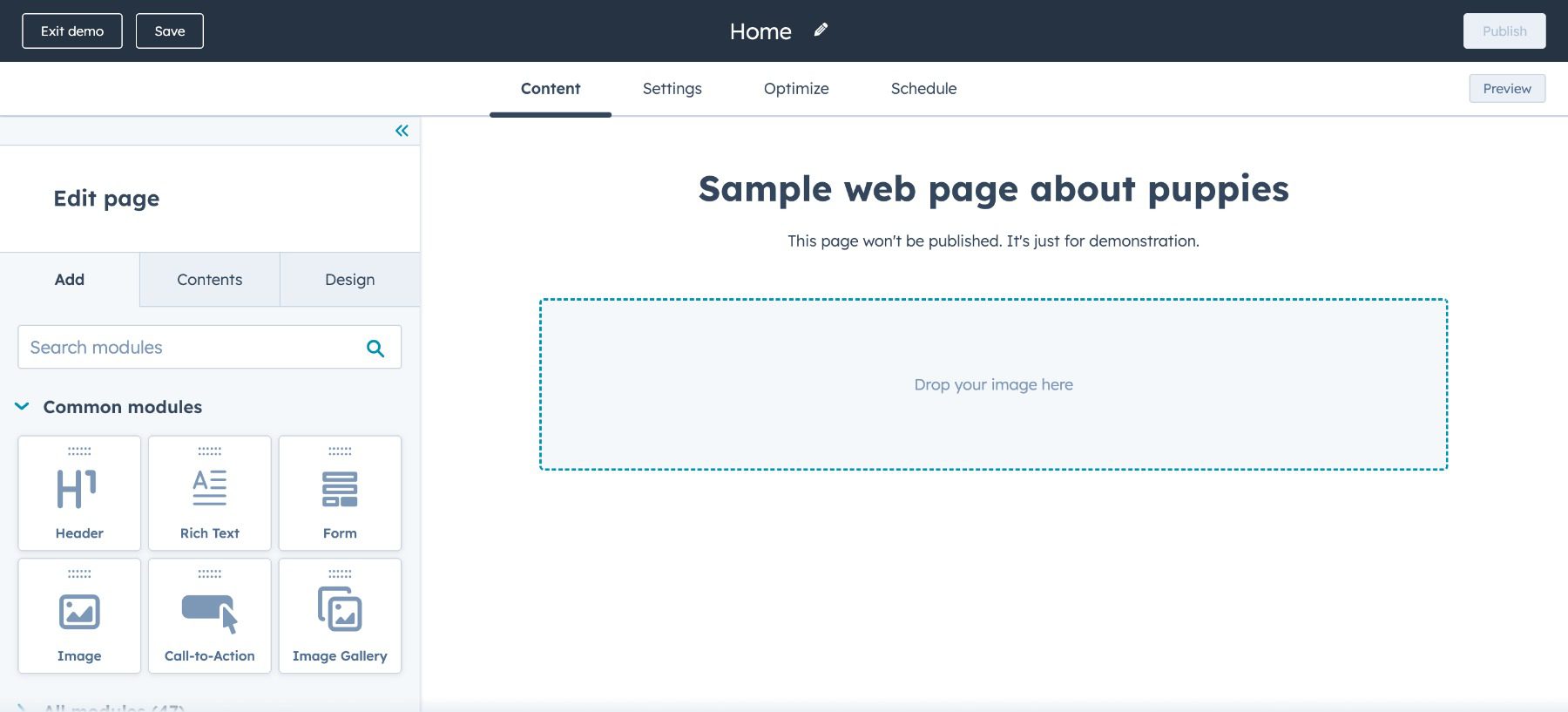 HubSpot CMS page editor